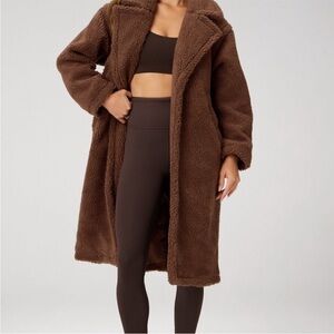 Fabletics chocolate Brown Teddy Long Overcoat Collared Pockets Lined Faux Fur
